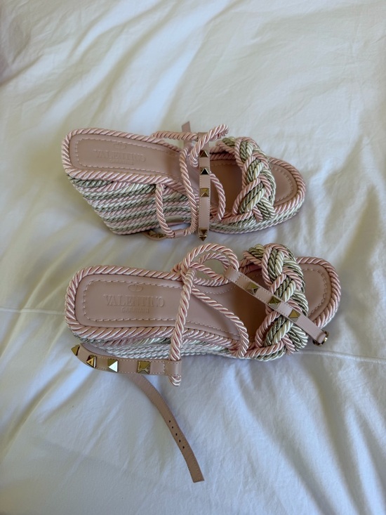 Valentino Shoes - Valentino Pink Braided Rope Wedge Sandals with Gold Studs